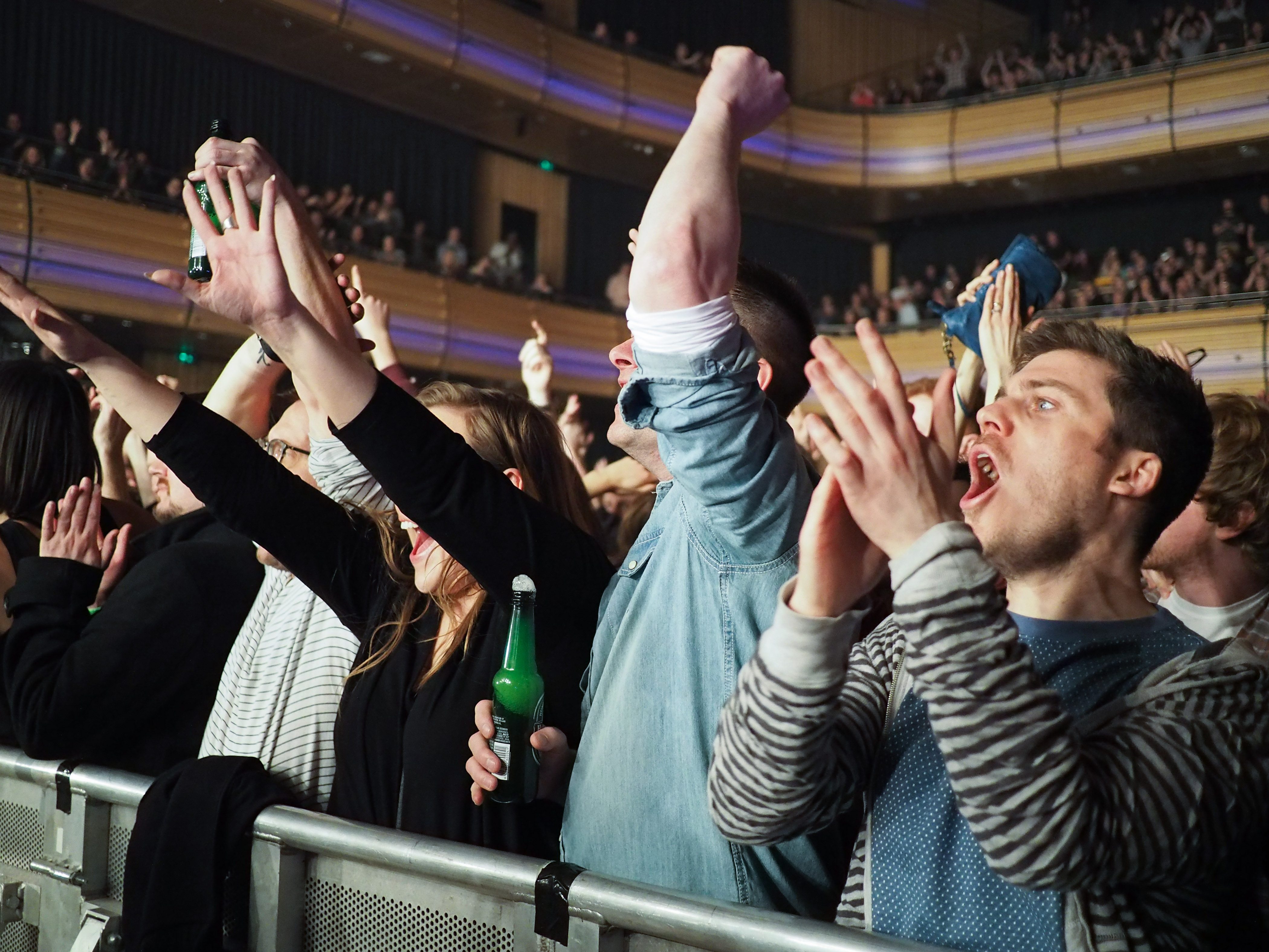 A crowd of people at a concert in Sage One cheer enthusiastically, raising their arms and clapping.