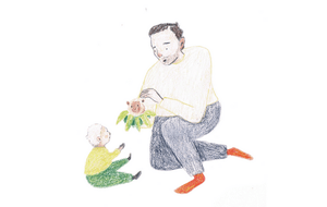Ilustation of dad and child with green puppet