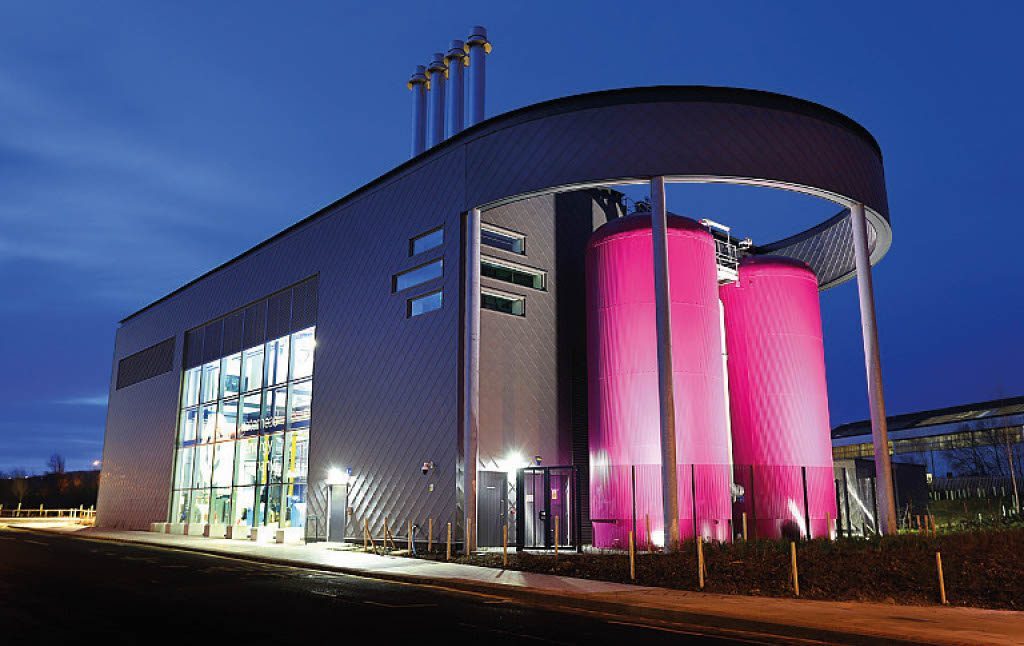 The Gateshead District Energy Scheme building, lit up at night