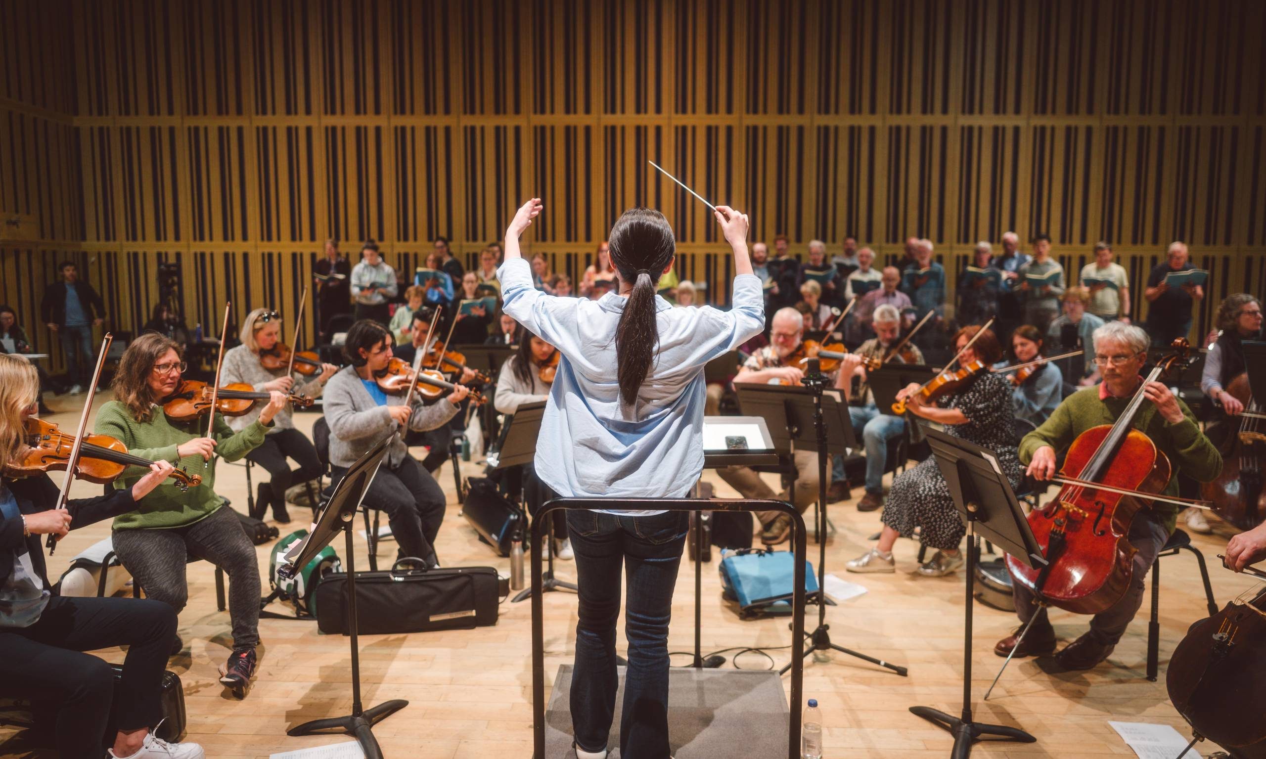 conductors back in a blur shirt facing the orchestra
