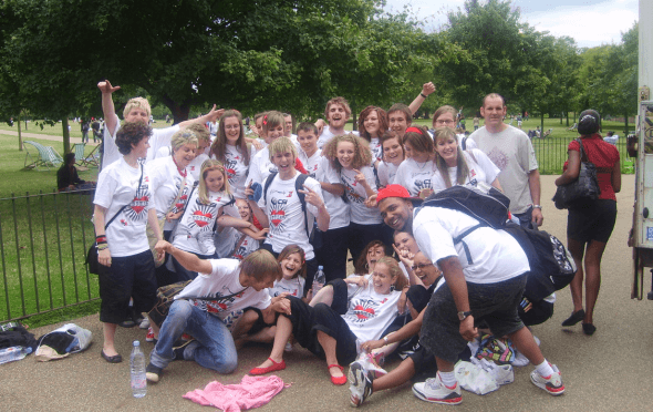 Phil Davids and the Sambinistas wearing white t-shir