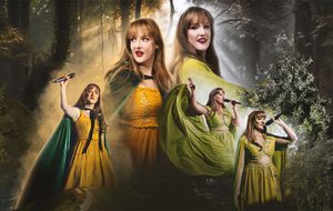 A performer singing in green and gold costumes, shown in multiple poses against a woodland backdrop.