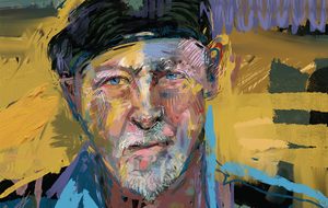 Colourful painted portrait of musician Richard Thompson.