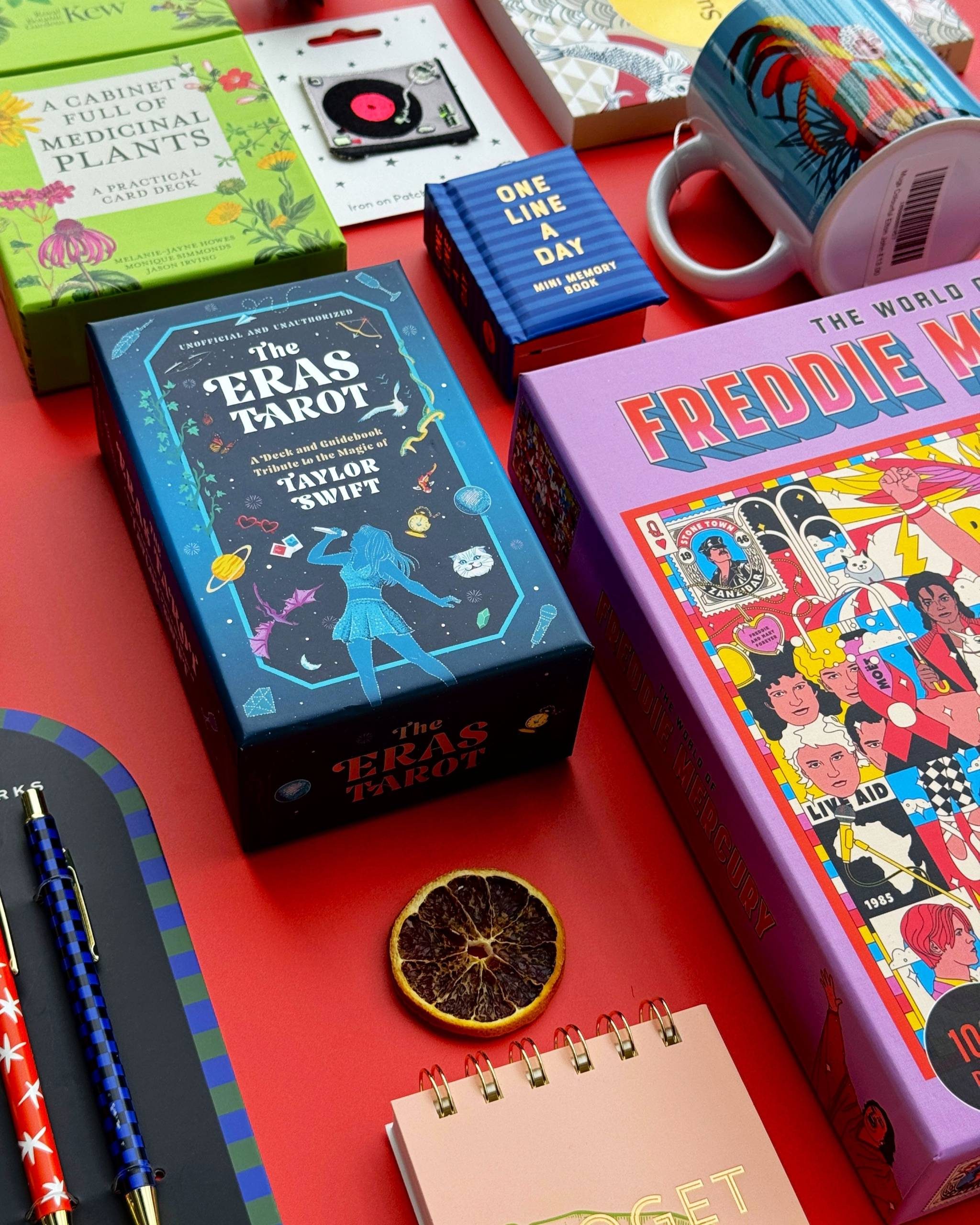 Colourful music-themed gifts arranged together, photographed from above.