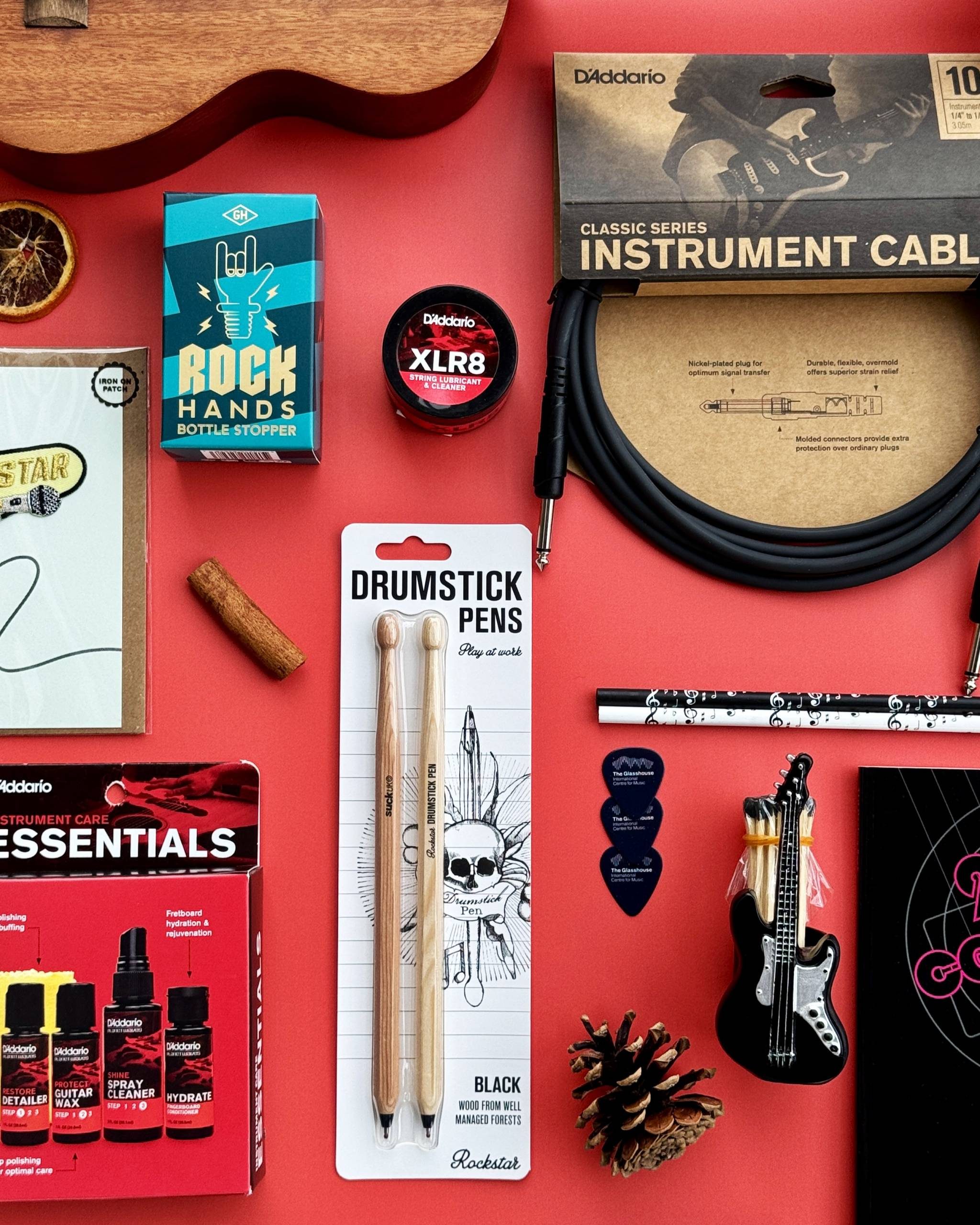 Colourful music-themed gifts arranged together, photographed from above.