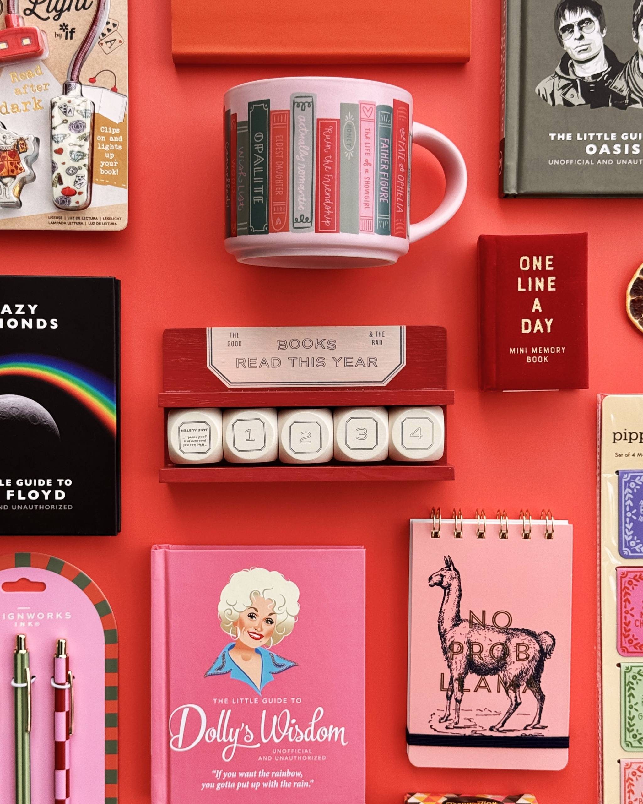 Colourful music-themed gifts arranged together, photographed from above.