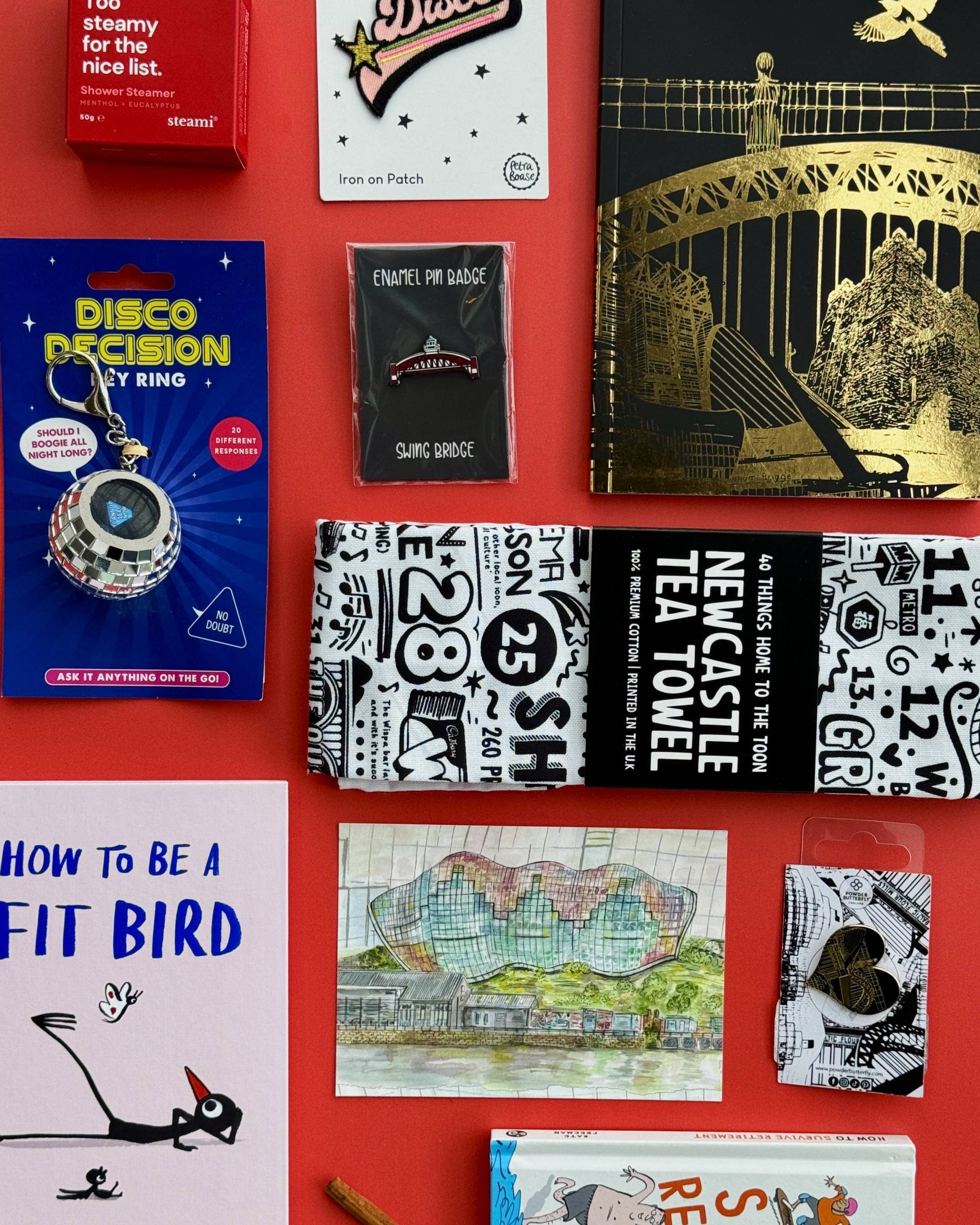 Colourful music-themed gifts arranged together, photographed from above.
